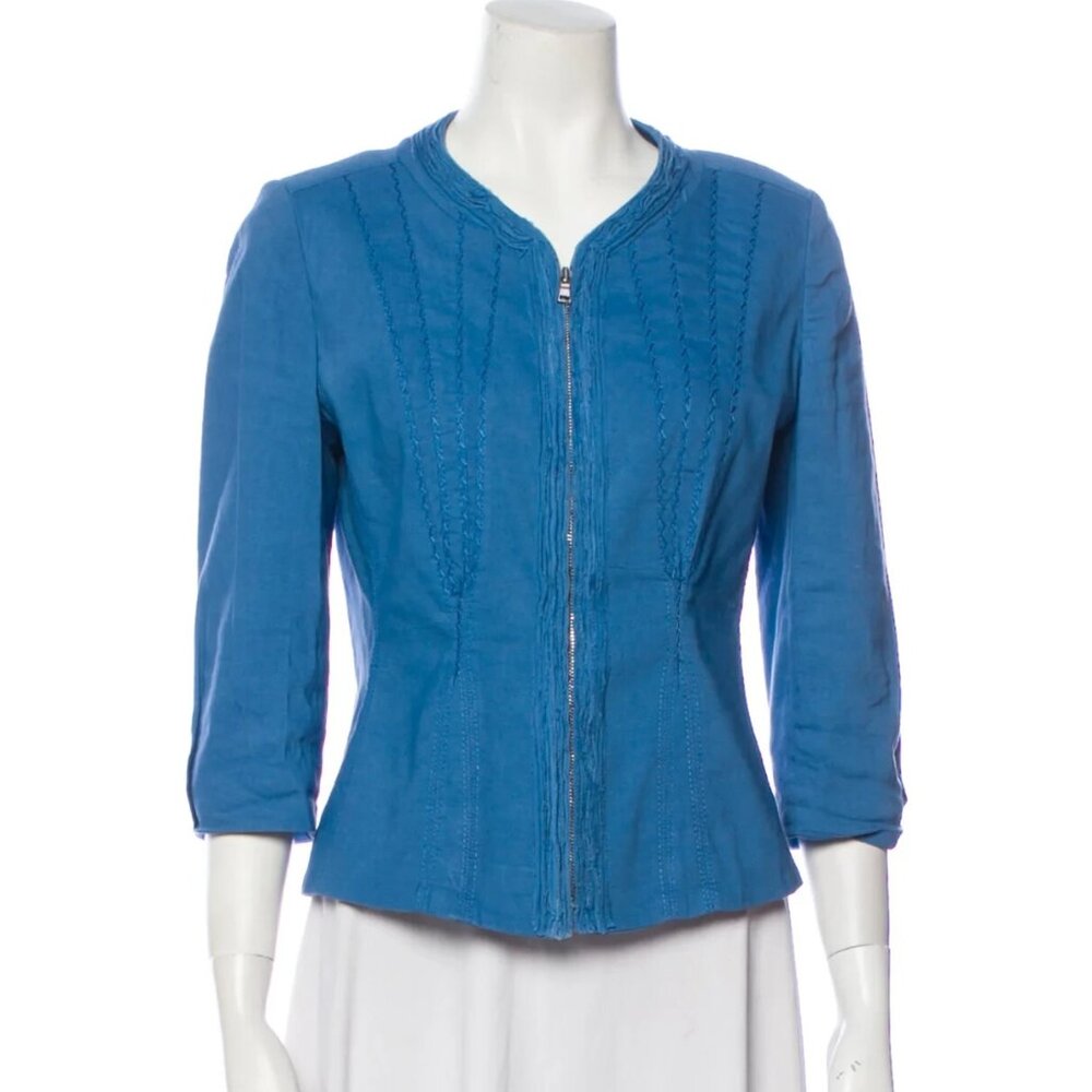 Elie Tahari Small Blue Denim Collarless Full Zip Jacket